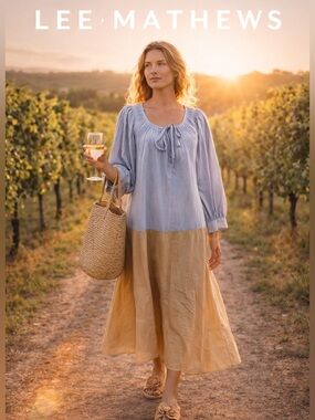 Lee Mathews,Frankie Linen Midi Dress, Pale Blue & Tan,YachtWear,Classy,Size 1/S